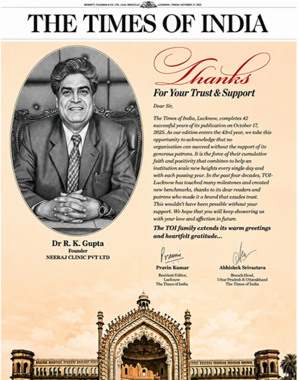 Dr. R.K. Gupta honoured by The Times of India